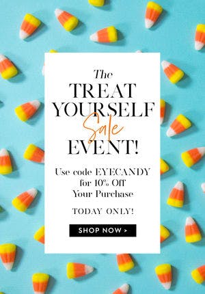 Candy corn pattern overlaid with text promoting a 10% off one-day-only sale